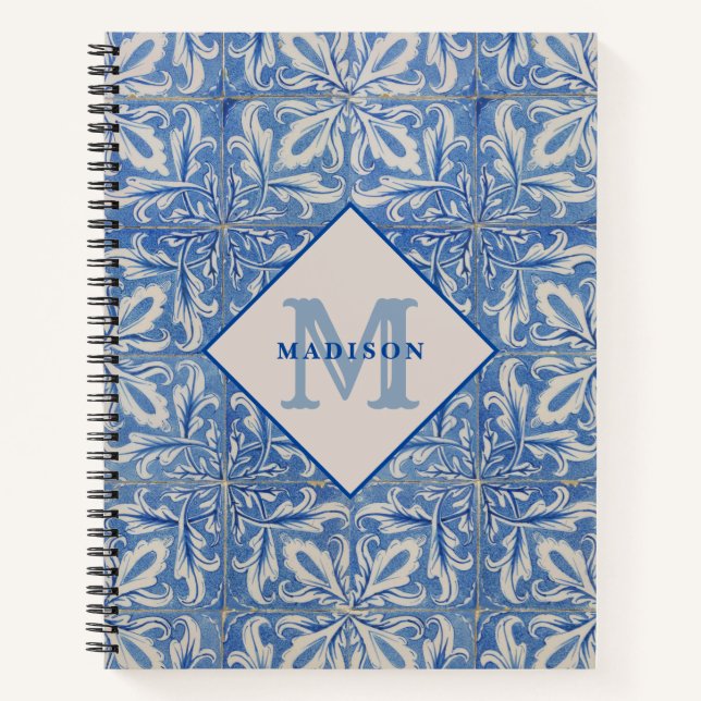 Portuguese Tiles Vintage Blue White Monogram Notebook (Front)