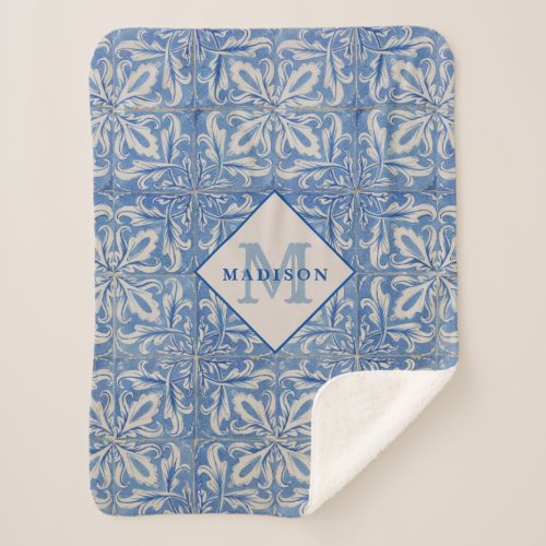 Portuguese Tiles Vintage Blue White Monogram Sherpa Blanket