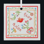 Portuguese valentine's love handkerchiefs  glass ornament<br><div class="desc">This folk square design is one of the most popular Portuguese folk-art patterns. It's a hand-embroidered Valentine's message in symbols and words. Today we can find it in clothes, shoes, also in tablecloths and kitchen towels, and accessories. Lenços dos Namordos or sweetheart’s favors or Sweethearts´ handkerchiefs, - also known as...</div>