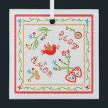 Portuguese valentine's love handkerchiefs  glass ornament<br><div class="desc">This folk square design is one of the most popular Portuguese folk-art patterns. It's a hand-embroidered Valentine's message in symbols and words. Today we can find it in clothes, shoes, also in tablecloths and kitchen towels, and accessories. Lenços dos Namordos or sweetheart’s favors or Sweethearts´ handkerchiefs, - also known as...</div>