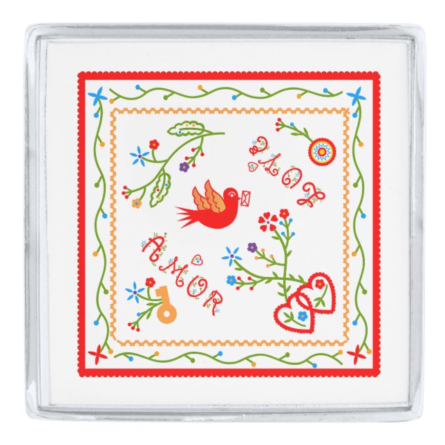 Portuguese valentine's love handkerchiefs  silver finish lapel pin (Front)