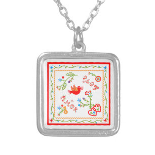 Portuguese valentine's love handkerchiefs  silver plated necklace
