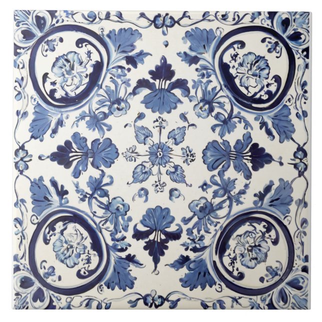 Portuguese Vintage Blue And White Ceramic Tile (Front)