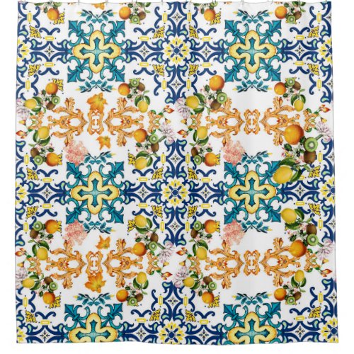 Portuguese vintage tiles kiwi and lemon pattern cu shower curtain