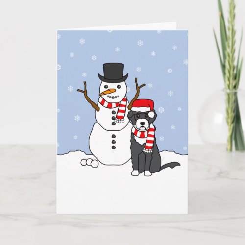 Portuguese Water Dog and Snowman Holiday Card