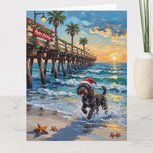 Portuguese Water Dog Christmas Beach Boardwalk Card (Front)