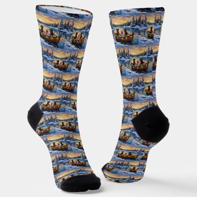 Portuguese Water Dog Christmas Boat Holiday Socks (Angled)