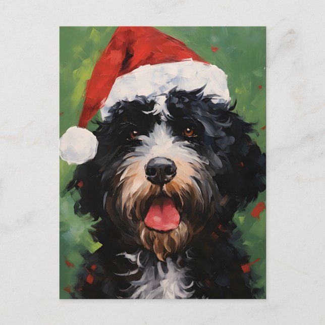 Portuguese water dog Christmas brush painting Postcard (Front)