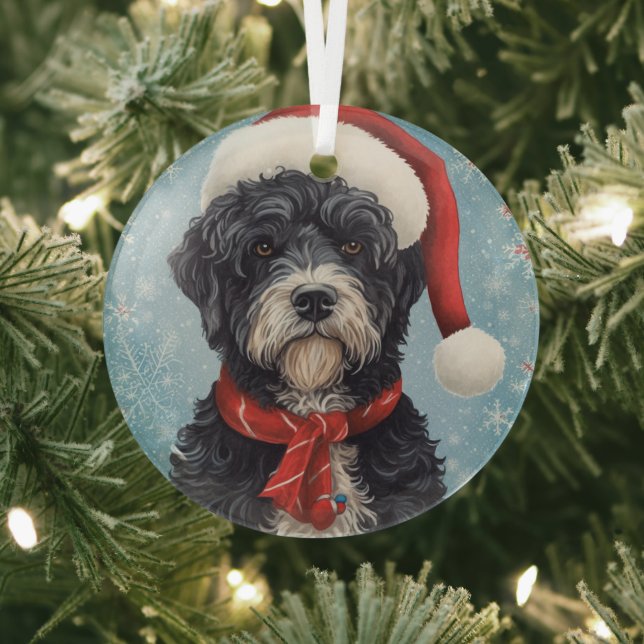 Portuguese Water Dog Christmas Glass Ornament (Insitu)