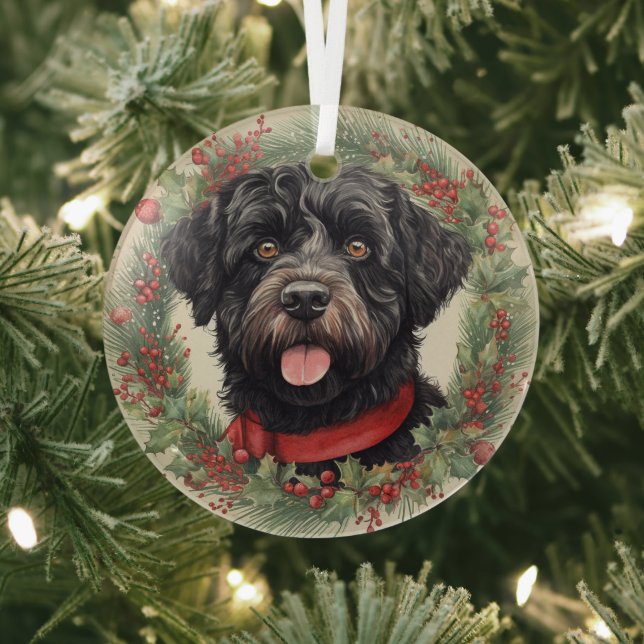 Portuguese Water Dog Christmas Glass Ornament (Insitu)