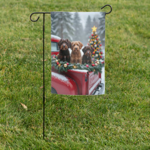 Portuguese Water Dog Christmas Red Truck Holiday Garden Flag