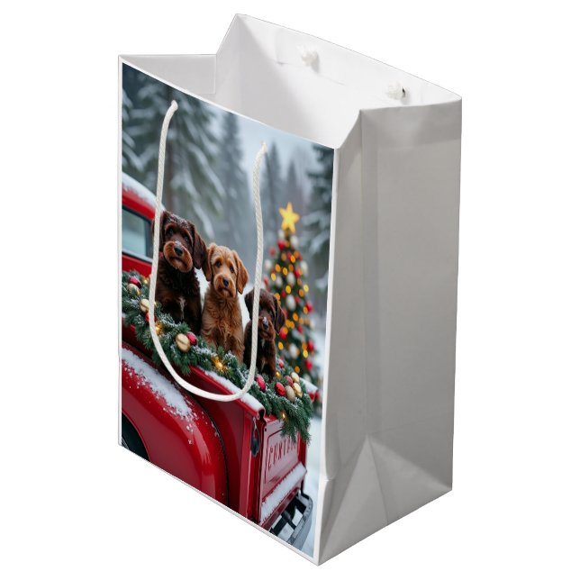 Portuguese Water Dog Christmas Red Truck Holiday Medium Gift Bag (Front Angled)
