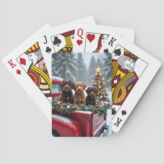Portuguese Water Dog Christmas Red Truck Holiday Poker Cards (Back)