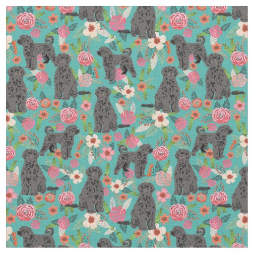 Portuguese Water dog florals turquoise Fabric
