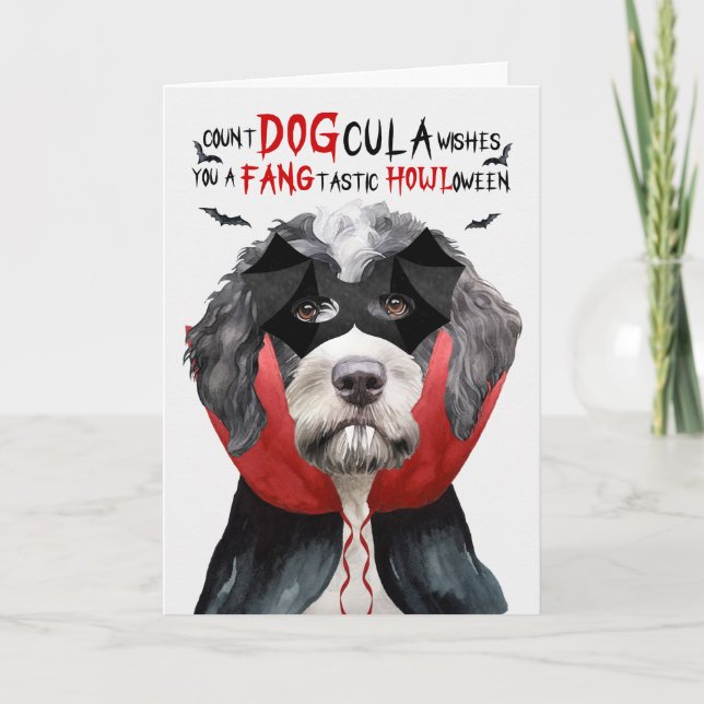 Portuguese Water Dog Funny Count DOGcula Halloween Holiday Card (Front)
