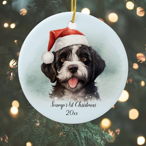 Portuguese Water Dog Monogram Name First Christmas Ceramic Ornament