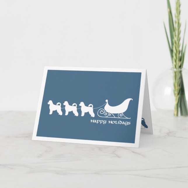 Portuguese Water Dog Pulling Santa's Sleigh Holiday Card (Front)
