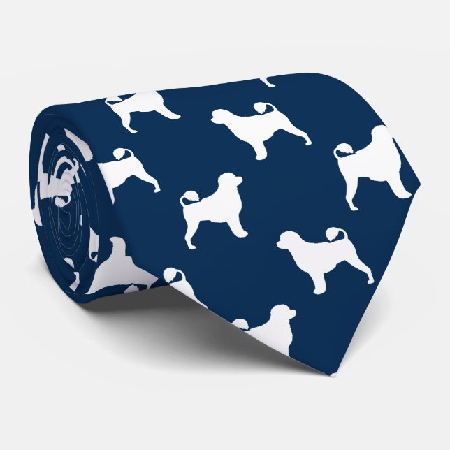 Portuguese Water Dog Silhouettes Pattern Blue Tie (Rolled)