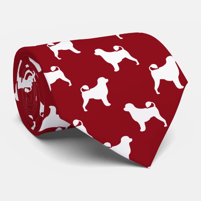 Portuguese Water Dog Silhouettes Pattern Red Neck Tie (Rolled)