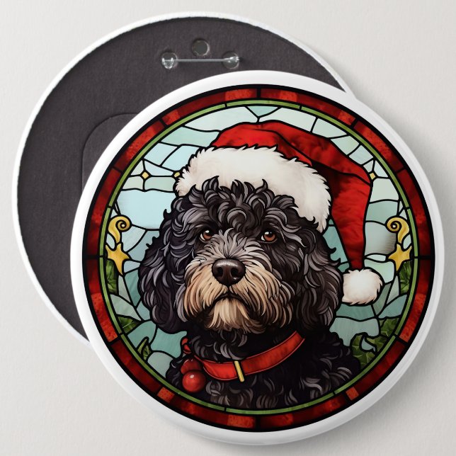 Portuguese Water Dog Stained Glass Christmas Button (Front & Back)