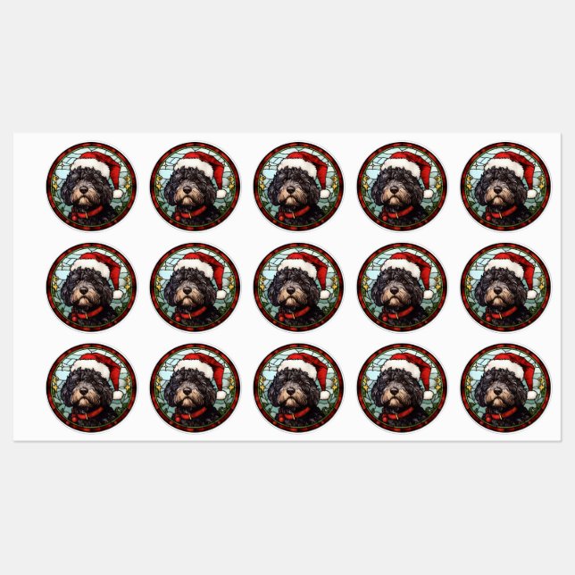Portuguese Water Dog Stained Glass Christmas Labels (Sheet)