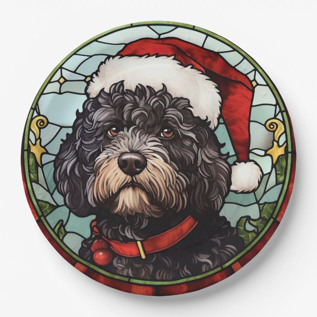 Portuguese Water Dog Stained Glass Christmas Paper Plates (Front)