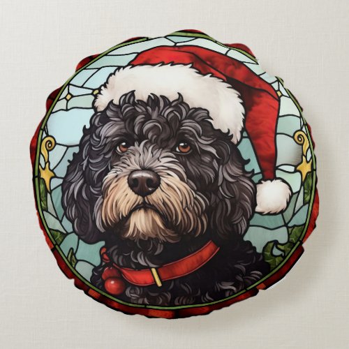 Portuguese Water Dog Stained Glass Christmas Round Pillow