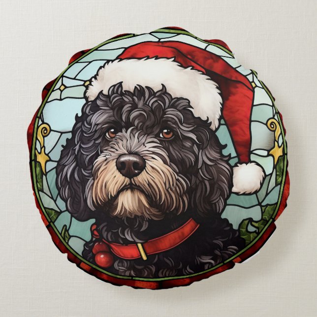 Portuguese Water Dog Stained Glass Christmas Round Pillow (Back)