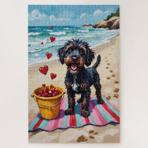 Portuguese Water Dog Valentine's Day Beach Hearts Jigsaw Puzzle