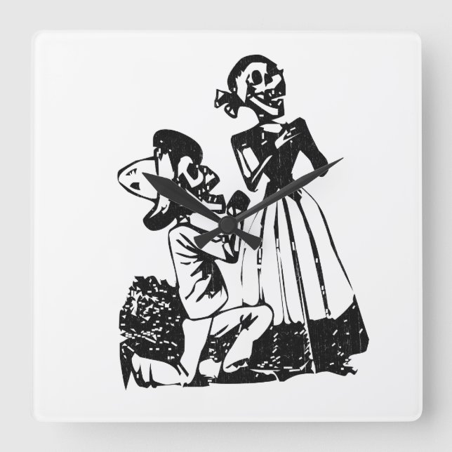 Posada Cavalera Courting Skeleton Couple Square Wall Clock (Front)
