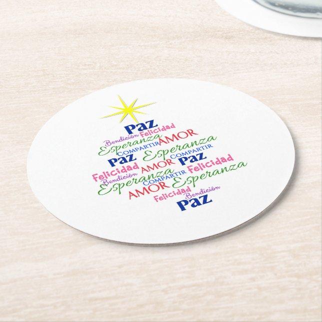 Posavasos of cardboard - Christmas Tree in words Round Paper Coaster (Angled)
