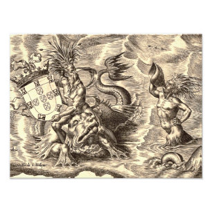 Poseidon and Dolphin World Map Photo Print