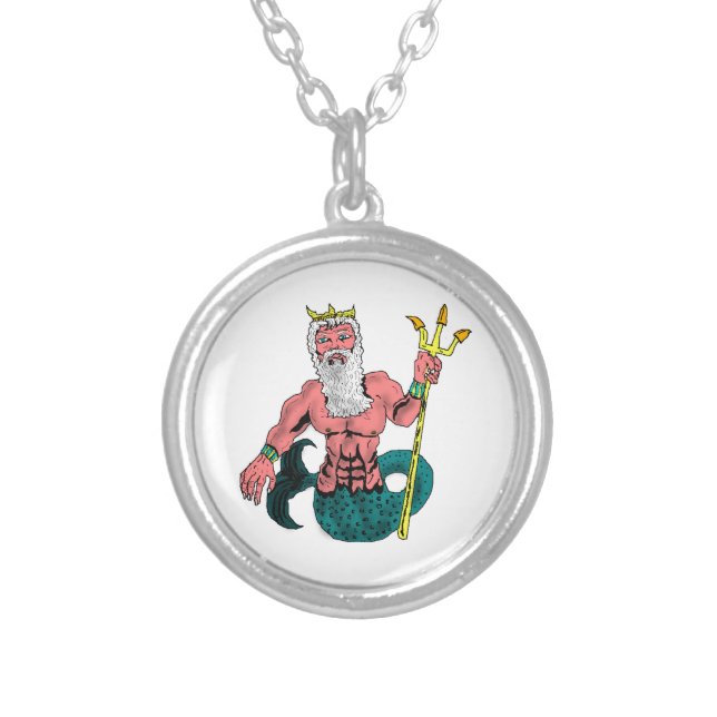 Poseidon, Greek God of the Sea Holding Trident Silver Plated Necklace (Front)