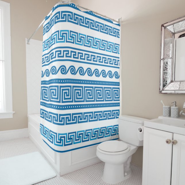 Poseidon Greek Key Shower Curtain (In Situ)