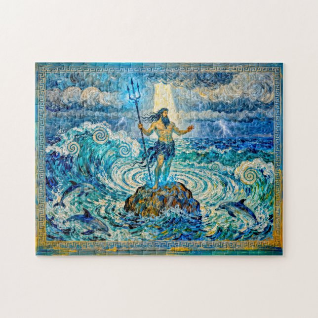 Poseidon on Sea Rocks with Trident and Dolphins Jigsaw Puzzle (Horizontal)