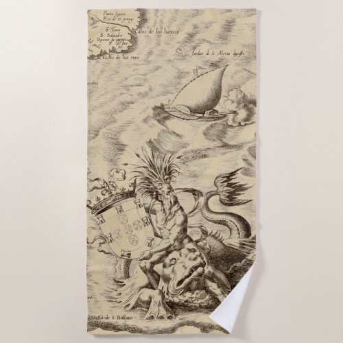 Poseidon on Vintage Portuguese World Map Beach Towel