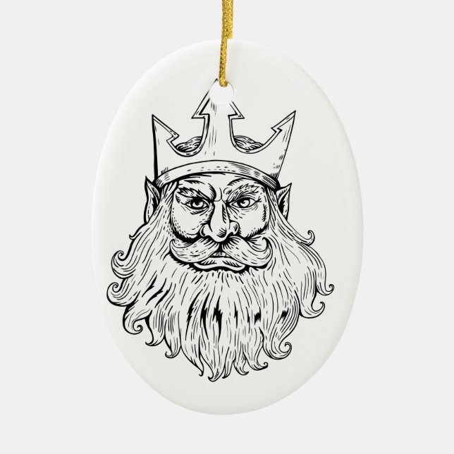 Poseidon Wearing Trident Crown Woodcut Ceramic Ornament (Front)