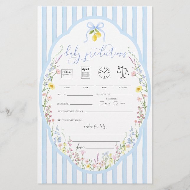 Posey Wildflowers Blue Bow Baby Predictions Game (Front)