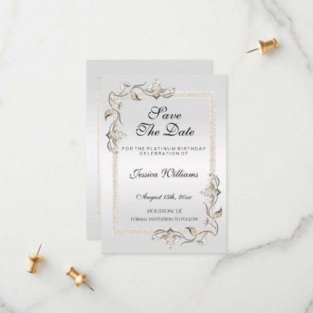 Posh 70th Platinum Birthday Save The Date (Front/Back In Situ)