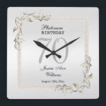 Posh 70th Platinum Birthday Square Wall Clock<br><div class="desc">Glamorous and elegant, posh feminine 70th Platinum Birthday wall clock with stylish silvery/pink gem stone jewels corner decorations and matching colored glitter border frame printed on a beautiful platinum silver background. A romantic design for your celebration. All text, font and font color is fully customizable to meet your requirements. If...</div>