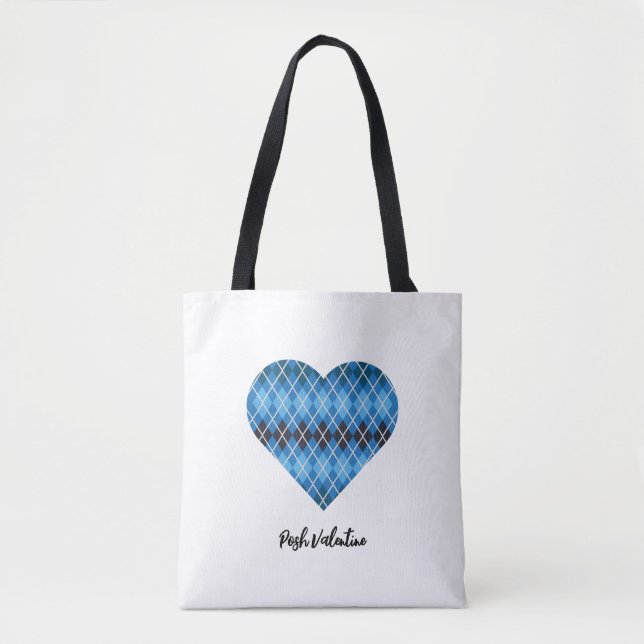 Posh Argyle Dark Blue Big Heart Shoulder Tote Bag (Front)