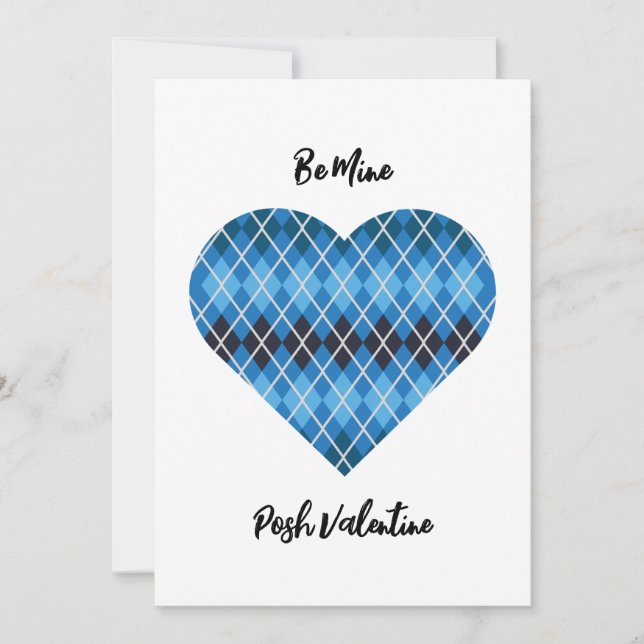 Posh Argyle Dark Blue Big Heart Valentine Flat Holiday Card (Front)