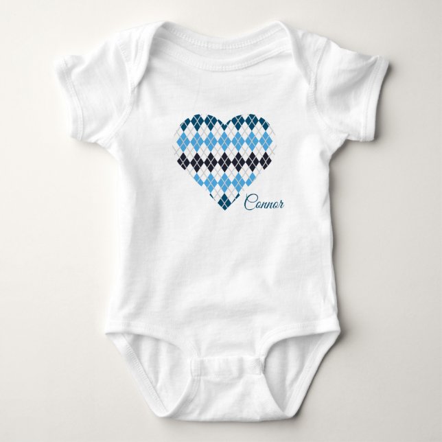 Posh Argyle Hearts Big Heart White and Blue Baby Bodysuit (Front)