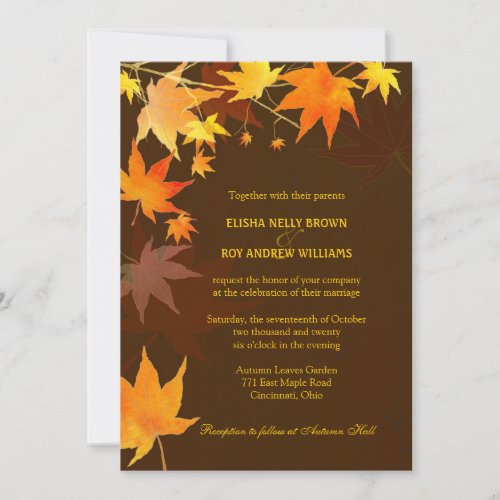 Posh Autumn Brown Maple Leaves Wedding Invitations