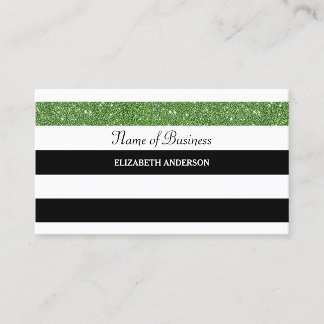 Posh Black and White Stripes Green FAUX Glitz Business Card (Front)
