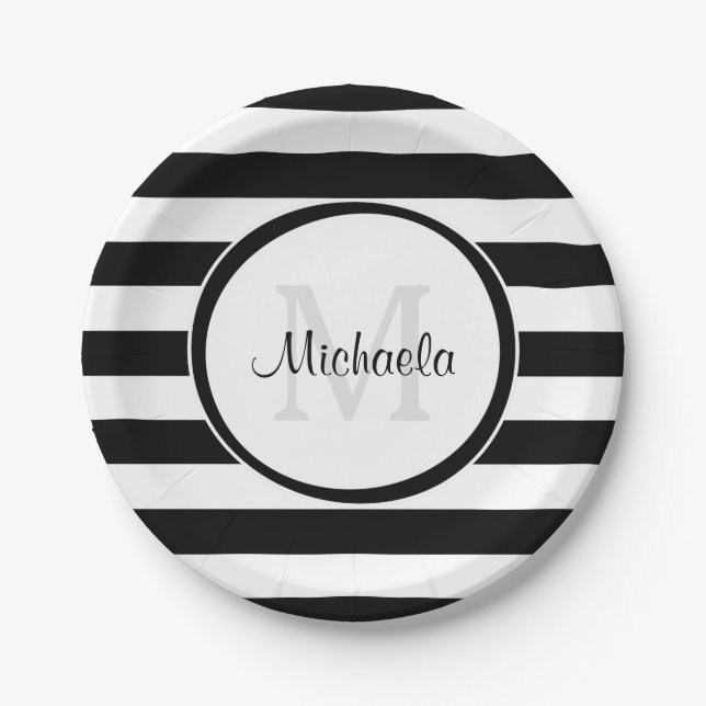 Posh Black Candy Stripes and Party Monogram Paper Plates (Front)