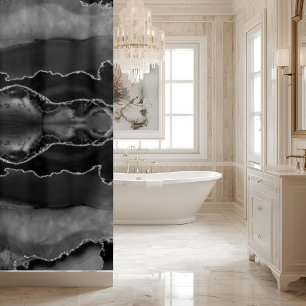 Posh Black Gray Agate Marble Crystal Geode Shower Curtain