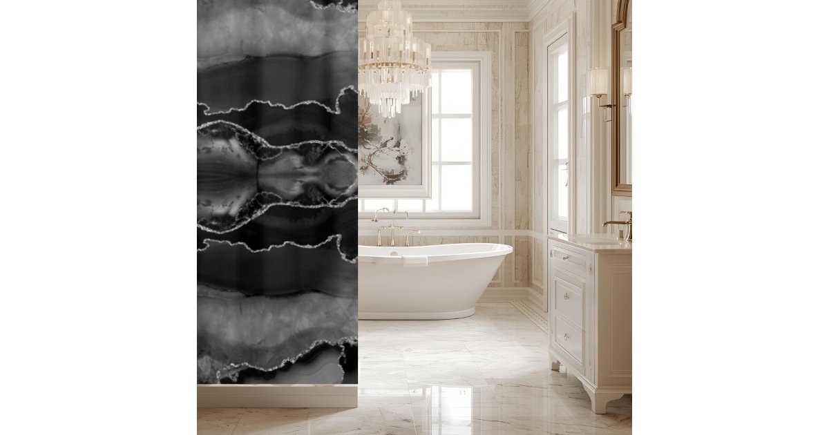 Posh Black Gray Agate Marble Crystal Geode Shower Curtain | Zazzle