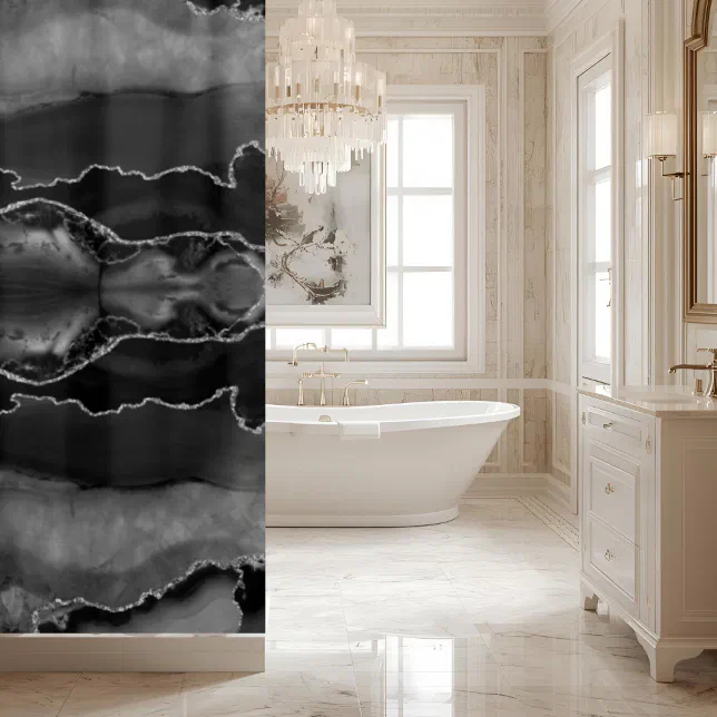 Posh Black Gray Agate Marble Crystal Geode Shower Curtain | Zazzle