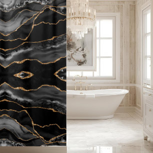 Posh Black Gray Gold Marble Crystal Geode Shower Curtain